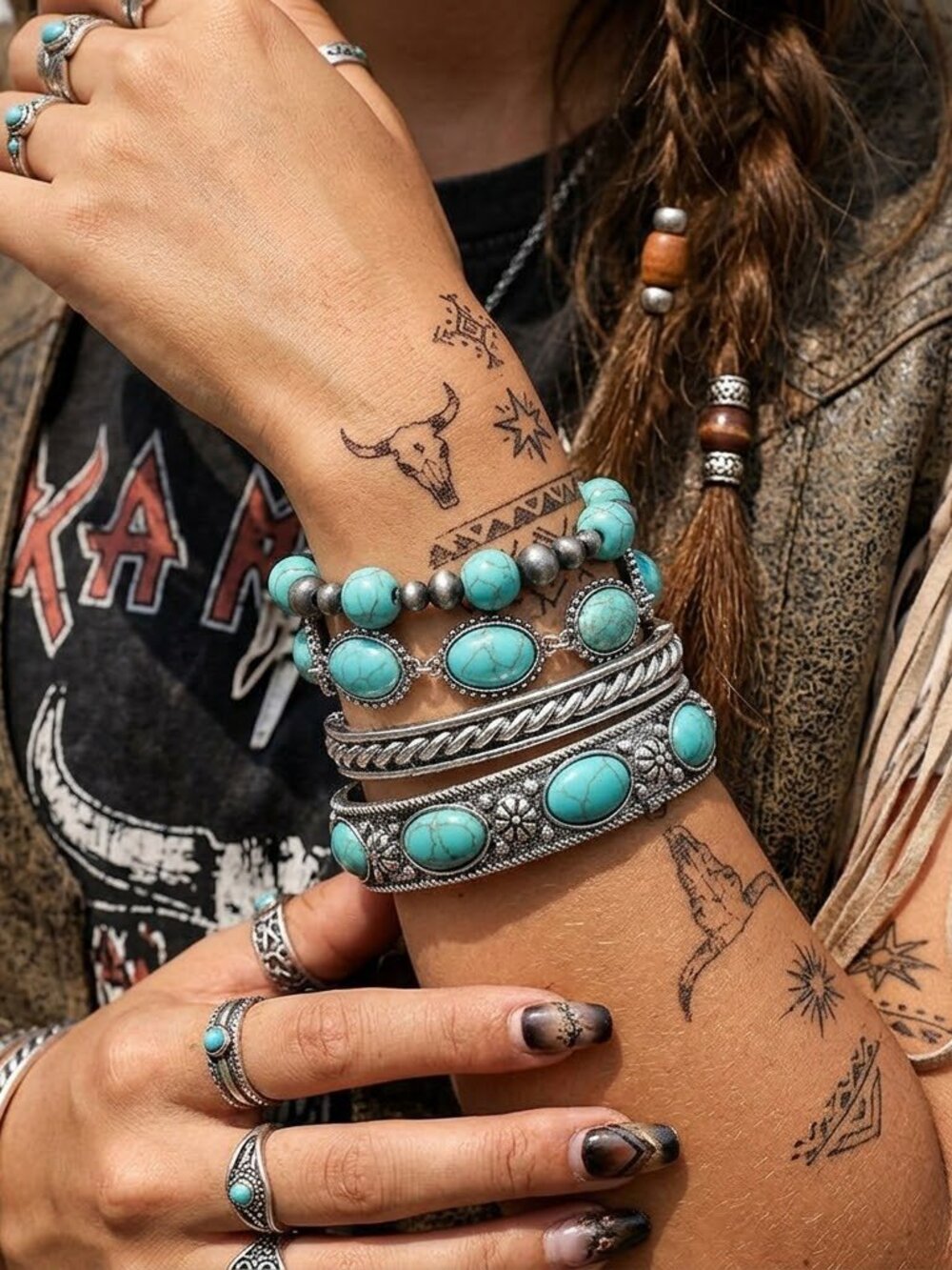 New 4PCS - Boho Turquoise Stone Silver Western Cowgirl Stretch Stack Bracelets
